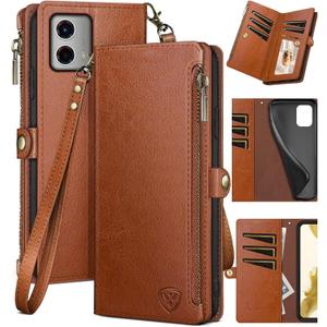 XcaseBar for Moto G 5G 2023 Wallet case with Zipper Credit Card HolderRFID Blocking, Flip Folio Book PU Leather Phone case Shockproof Cover Women Men for MotoG 5G case Light Brown