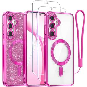 Meifigno Designed for Samsung Galaxy S25 Plus Case, [Compatible with MagSafe] [2X HD Screen Protectors] [Glitter Card & Wrist Strap] Surround Raised Lens Protection Case for S25 Plus 6.7", Hot Pink