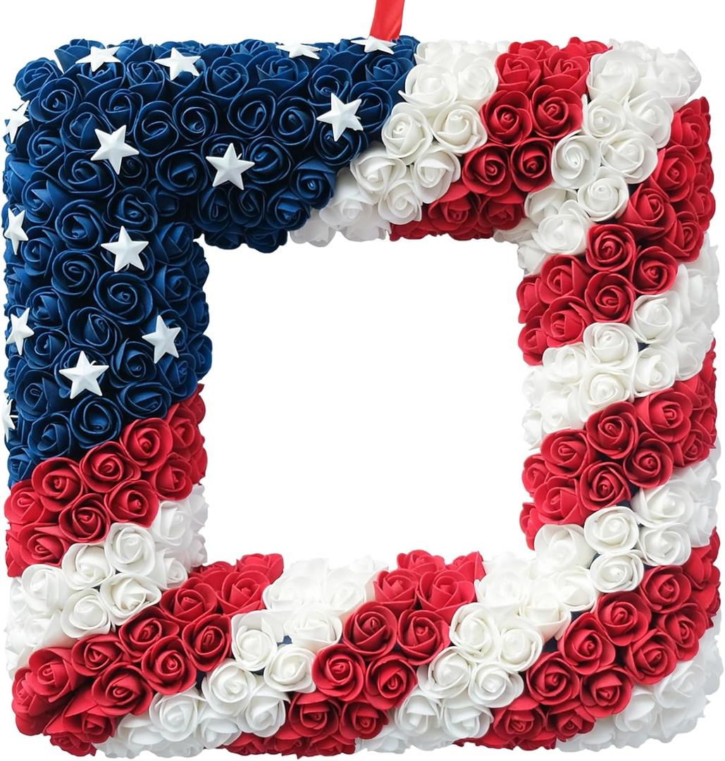 18 Inch Patriotic Red White Blue Large Square Shape Flower Wreath for Front Door, Forth of July American Flag Color Soft Touch Floral Wreath for Indoor and Outdoor, Independence Day Home Decor