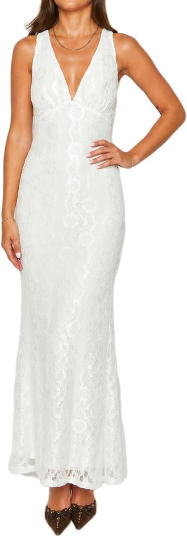 Elegant Lace Floral V Neck Backless Bodycon Dresses for Women Sexy Cut Out Low Back Sleeveless Maxi Dress Wedding Guest, L