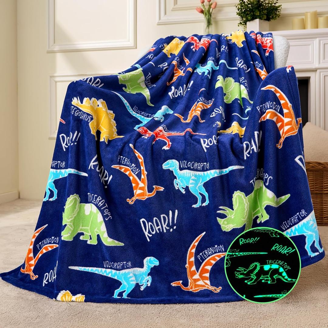 Joiedomi Glow in The Dark Blanket Dinosaur Toys for Kids 3-5 Dinosaur Gifts Toys for Age 2 3 4 5 6 7 8 9 10 11 12 Year Old, Soft Cozy Flannel Kids Throw Blanket, Birthday 50"60"