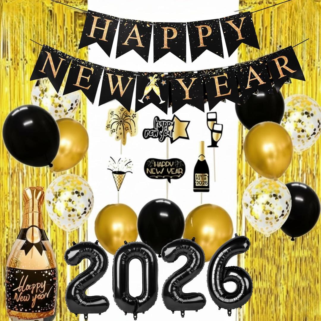 2026 Balloons New Year Balloons Kit Decorations 2026 Happy New Year Party Supplies 2026 Foil Balloon Banner Tassel Latex Balloon