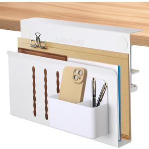 LUKETURE Laptop Holder, Steel Desk Side Storage, No Drill Standing Desk Accessories, Laptop Mount with Pen Holder, Back to School Supplies, Fits Flat Edge Tables 0.3" to 2.8" (White, M(1 Tier))