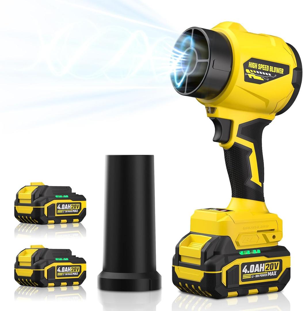 Leaf Blower with 2 X 4.0Ah Battery and Charger, 20V Cordless Blower for Lawn Care, & House Cleaning, 980,000 RPM Jet Blower, Extended Nozzle & Earbuds Included, Yellow