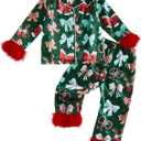 Hnyenmcko Toddler Baby Girl Christmas Satin Pajamas Fuzzy Trim Long Sleeve Santa/Bow Print Button Shirt Pants Kids Pjs Set (5-6 Years, Polyester-green Bow)