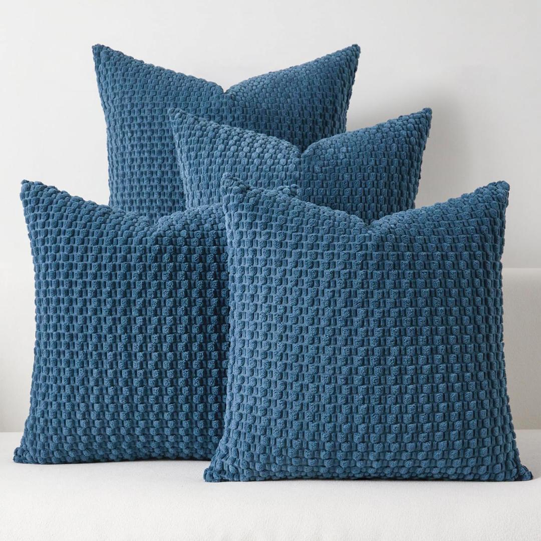 Kevin Textile Throw Pillow Covers Pack of 4 Spring Super Soft Boho Corduroy Decorative Pillow Covers Cases Solid Color Plush Texture Throw Pillows for Sofa Couch Chair 18x18 Inch, Dusty Blue