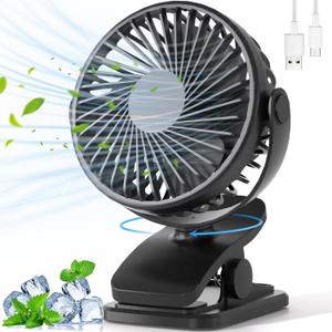 Portable Clip on Fan, 360 Rotate Battery Operated Stroller Fan, 3 Speed Quiet Mini Personal Desk Fan, USB Rechargeable Clooing Fan for Outdoor Camping Golf Cart Stroller Home Office Black