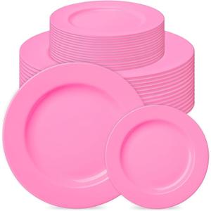 Prestee 50-pc Pink Plastic Plates - 25 Plastic Dinner Plate (10") + 25 Salad Small Plate (7") - Disposable Plate, Tea Party, Pink Party, Easter, Baby Shower Plates