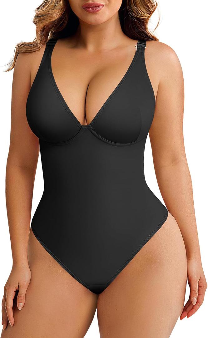 FeelinGirl Shapewear Bodysuits for Women Tummy Control Body Suits Deep V Neck Thong Body Shaper (X-Large, Black)
