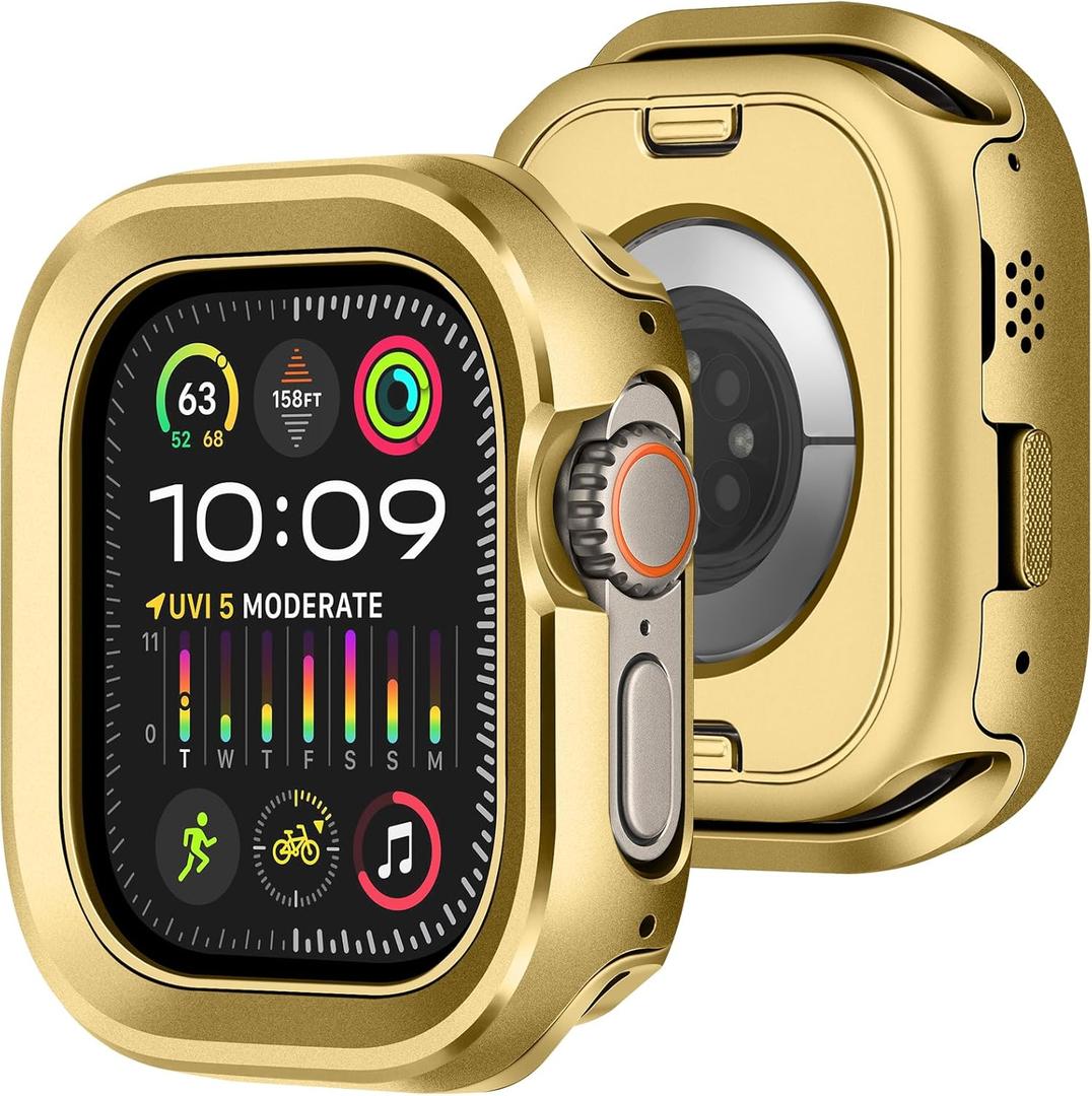 Amizee 2 in 1 Metal Rugged Case Compatible with Apple Watch Ultra 3/2/1 Case 49mm, Aluminum Shockproof Protective Bumper Cover Compatible with iWatch 49mm, Gold