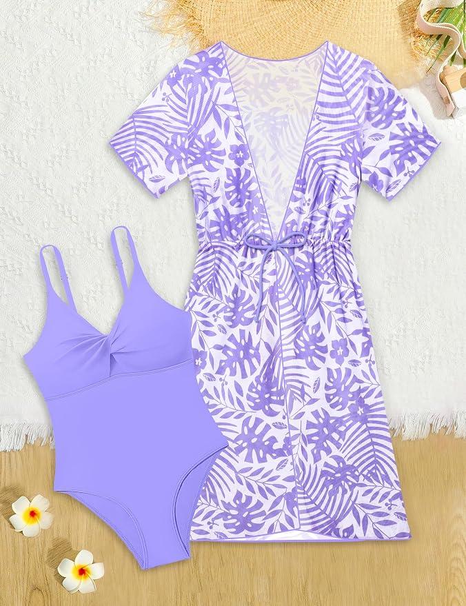 KANGKANG Girls Swimsuit, Girl Swimsuits Size 14-16 Light Purple One Piece Teen Girls Bathing Suits with Tropical Palm Print Cover Up Swimwear Set 15-16Y