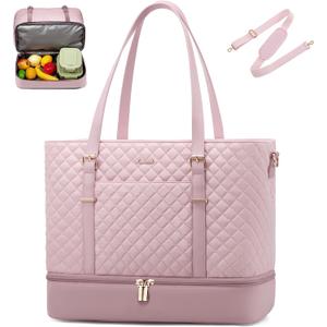 LOVEVOOK Lunch Tote Bag for Women, 15.6 Inch Laptop Work Bag With Lunch Compartment & Large Cup Holder, Lightweight Work Briefcase for Travel, Bussiness, Teacher (Light Pink-nude Pink)