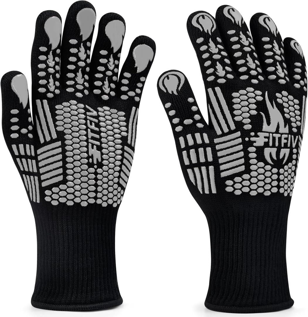 BBQ Gloves, Oven Gloves, Extreme Heat Resistant Barbecue Gloves, Silicone Non-Slip Oven Mitts, Kitchen Gloves for Cooking, Grilling, and Baking (Gray) (Small)
