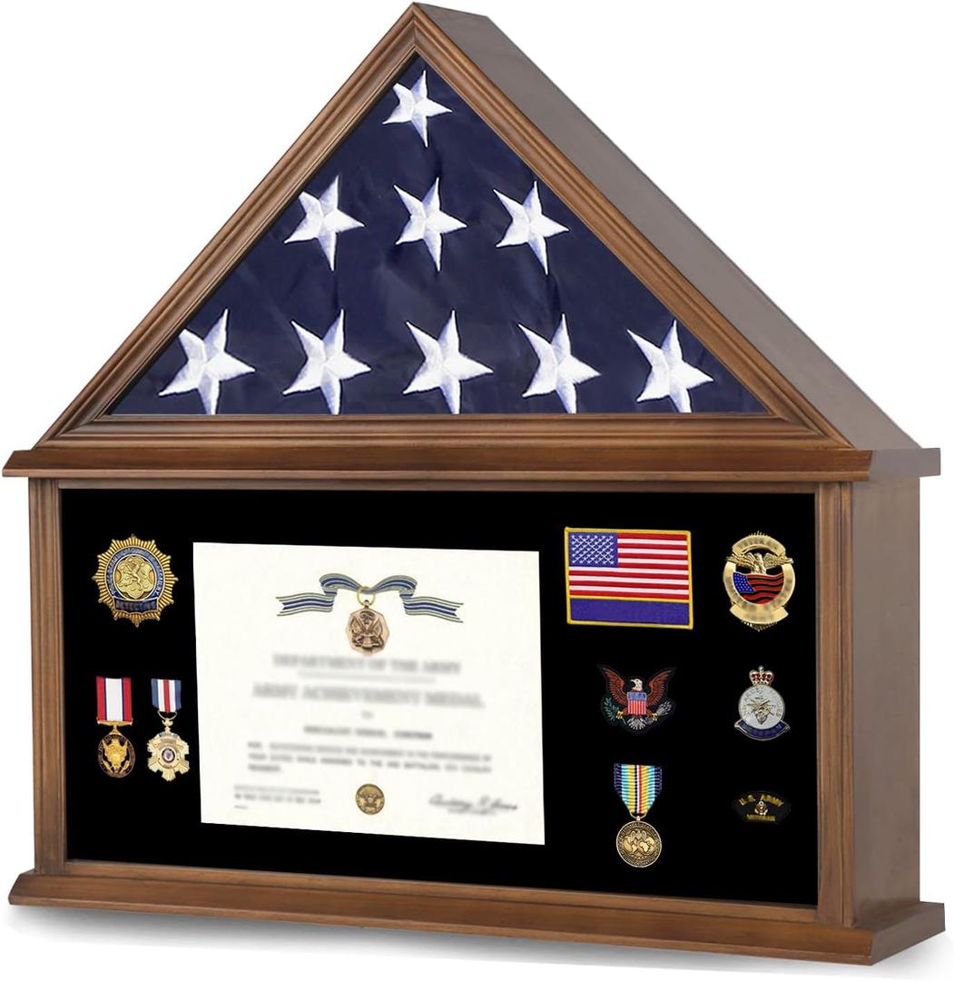 Large Burial Flag Display Case American Flag Solid Wood Display Case Fits 5 X 9.5 Folded Flag Military Shadow Box with Tempered Glass and Certificate Holder , Walnut Finish