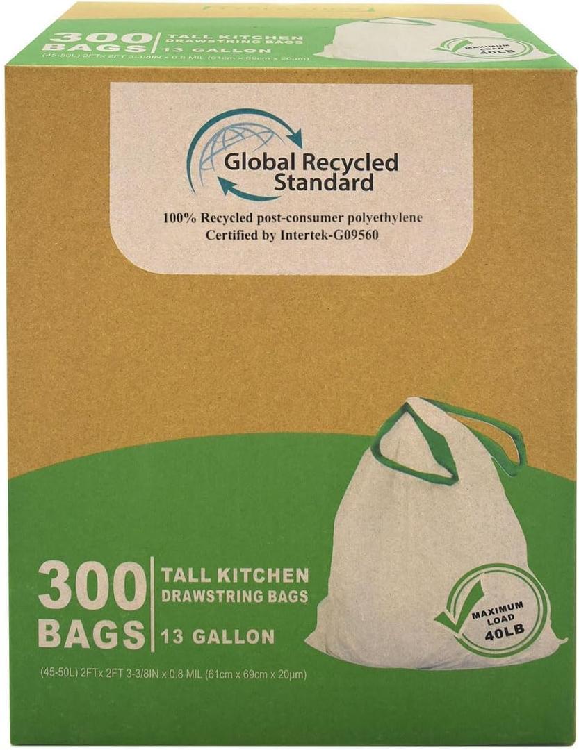 TYPLASTICS 300 Count 13 Gallon Tall Kitchen Drawstring Trash Bags, GRS Compliant, Eco-Friendly Recycled Material