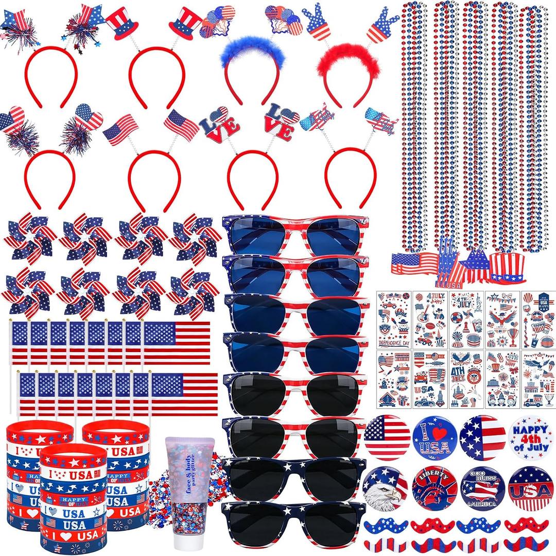 205PCS 4th of July Accessories Set Patriotic Party Favors Tattoo Stickers Glasses Headbands Bracelets Necklaces Glitter USA Flag for Independence Day Memorial Day 250th Decorations, Red White and Blue