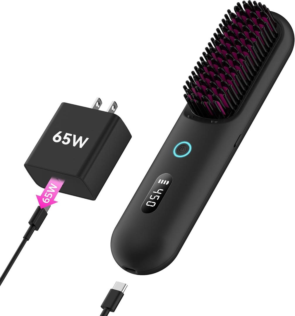 Cordless Hair Straightener Brush  Portable Ionic Hot Comb with 65W Fast Charger, Mini Travel Hair Straightening Brush for Women, Lightweight for Home Or On-The-Go Styling (Black)