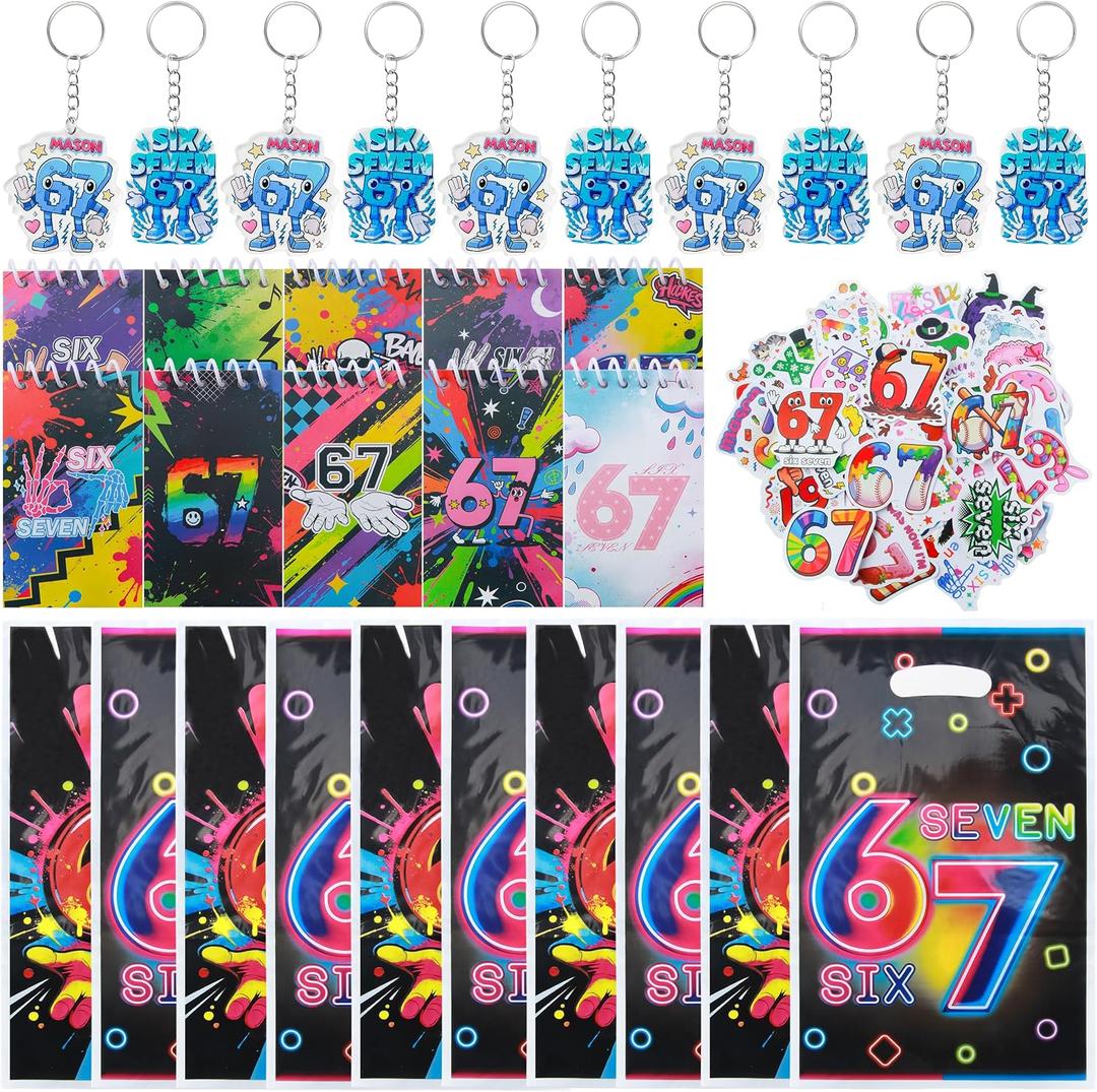Tuhangcc 80pcs 6 7 Party Gift，67-themed Gift Bag， Funny Acrylic Keychains Stickers Notebooks Six Seven Internet Novelty Gifts Set for Birthday Parties Gift and 6 7 Party Gifts (Party Gift)