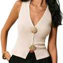 SOLY HUX Women's Tank Top Metal V Neck Sleeveless Ribbed Knit Slim Fitted Summer Tops Xl