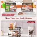 Large 2 Tier Fruit Basket for Kitchen Counter with 2 Banana Hangers, Metal Fruit Bowl with Protection Mats for Vegetable Bread Snack, Black, 14.5" W x 9.5" D