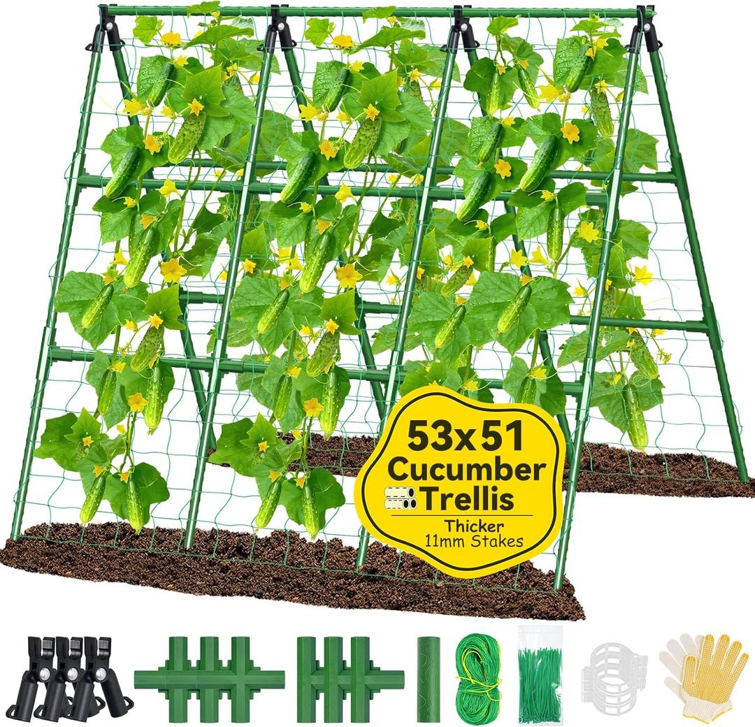 53x51 Inch Cucumber Trellis for Raised Bed, Adjustable A-Frame Garden Trellis for Climbing Plants Outdoor with Climbing Net, Meal Plant Trellis for Vegetables Pea Bean Tomato Grape Squash