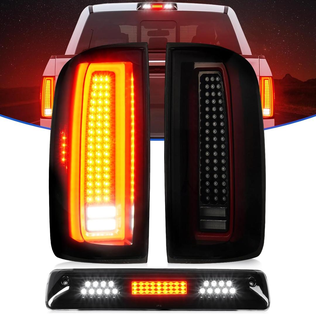 LED Tail Light + 3rd Brake Light Fit for Chevy Colorado/Fit for GMC Canyon 2015-2022 (Factory Halogen Type) Rear Brake Cargo Lamp Taillight Assembly, Black Housing Smoke Lens