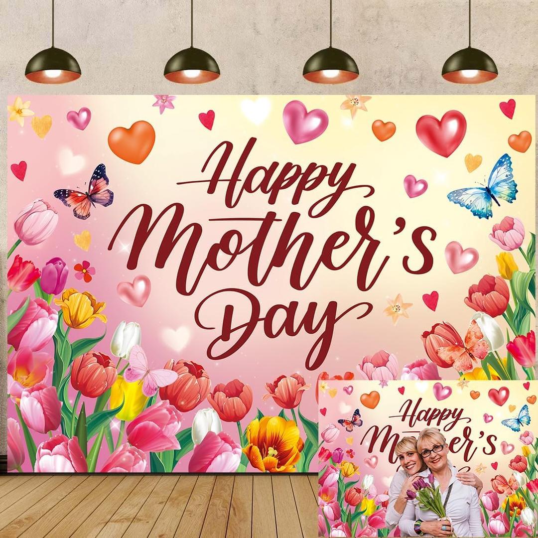 Happy Mother's Day Backdrop Pink Flower Heart Thanks Mother Photography Background Mother's Day Party Decorations Photo Booth Props (Pink, 7x5FT210x150cm)