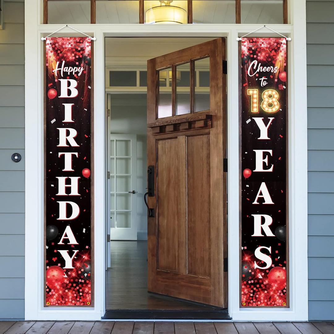 Happy 18th Birthday Porch Sign Door Banner Decor Red and Black  Glitter Cheers to 18 Years Old Birthday Party Theme Decorations for Boys Girls Supplies