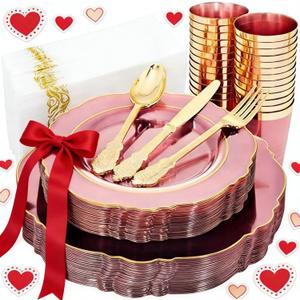 KIRE 210Pcs Clear Pink Plastic Plates with Gold Rim - Disposable Pink Plates & Silverware & Pink Cups & Hand Napkin - Plum Colored Plastic Dinnerware for Upscale Wedding/Valentine's Day