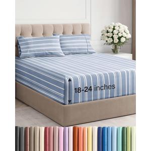 Extra Deep Pocket Queen Sheet Set - 4 Piece Breathable & Cooling Bed Sheets - Hotel Luxury Sheet Set - Ultra Soft, Wrinkle Free & Comfy - Fits Extra Deep Mattresses - Deep Pocket Blue Stripes 3 Sheets