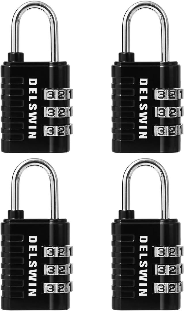 DELSWIN Combination Lock 3-Digit Small Padlock - 4Pcs Resettable Combo Lock for School Gym Locker, Outdoor, Fence, Gate, Waterproof Luggage Locks for Travel Backpack (Charcoal Black)