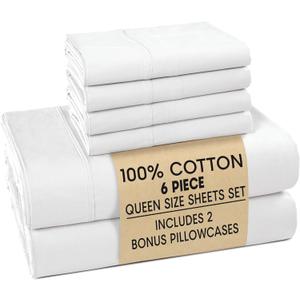 Casa Platino Queen Sheets Set 100% Cotton Queen Sheets with 4 Pillowcases, Lightweight Feel & Secure Fit, Crisp & Breathable Percale Weave with 15" Deep Pocket, Soft and Cozy Pure White
