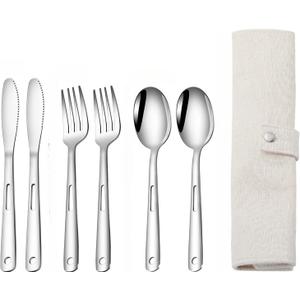 Stainless steel camping portable cutlery storage cloth bag knife, fork and spoon 7 piece set of scroll bag set