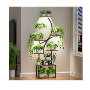 Bamworld Plant Stand with Grow Light for Indoor Plants Corner 8 Tier Metal Plant Shelf Wood Flower Stand for Home Living Room Decor Patio Decor