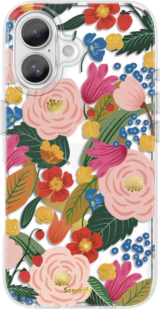 SCORPIFY for iPhone 16 Case [Compatible with MagSafe] with Camellia Blossom Floral Design, Cute Clear Flower Magnetic Phone Cover for Women Girls, Slim Bumper with Gold Accents
