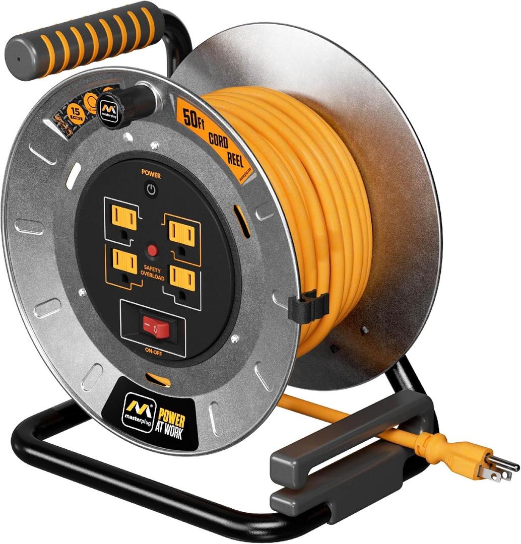 Masterplug 50ft Cord Reel, Metal Steel Cable Drum, Retractable Extension Lead with Winding Handle, Safety Overload Circuit Breaker and Power Switch, 4x Grounded Outlets, 15amps, 12AWG Cable