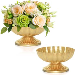 Gold Flower Vases for Centerpieces: Vintage Compote Bowl Vase for Wedding 4 Inch Small Pedestal Vase for Party Gold Centerpieces for Table Metal Urn for Event Home Decor Set of 2