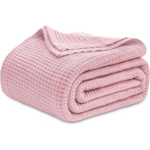 Bedsure Gentlesoft 100% Cotton Blanket Queen Size for Bed - Cooling Breathable and Soft for Summer, Thick Cozy Waffle Weave Blanket Gifts for Women, Light Pink, 90x90 Inches