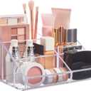 STORi Clear Plastic Vanity Makeup Organizer | 6-Compartment Holder for Brushes, Eyeshadow Palettes, & Beauty Supplies | Curved Front Design | Made in USA