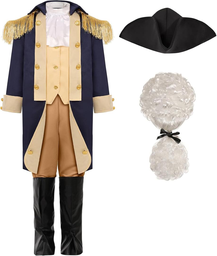 SIZGAROOT George Washington Costume for Boys Kids Colonial Alexander Hamilton Costume (8-10 Years, Black)
