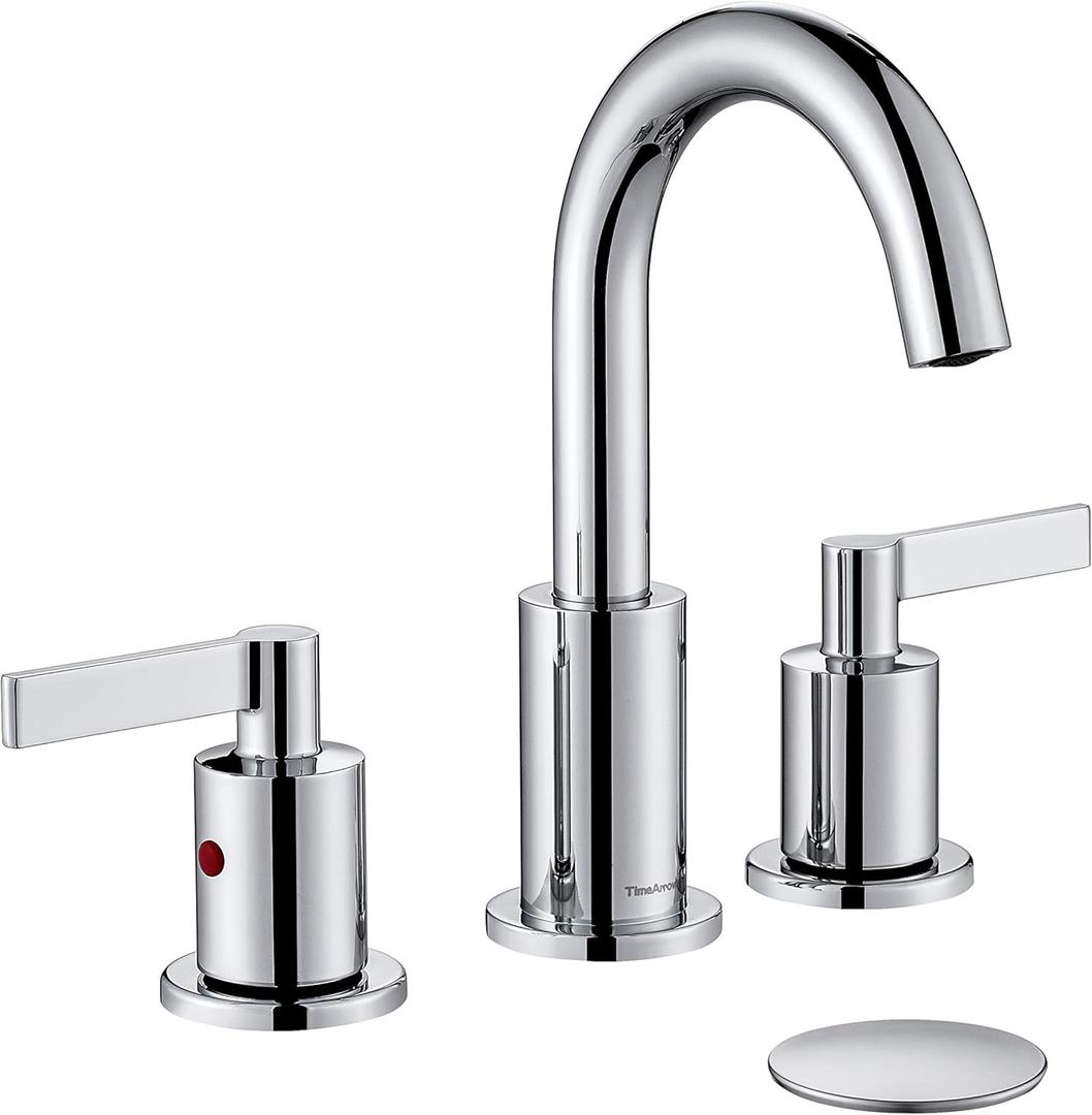Chrome 2 Handle Widespread Bathroom Sink Faucet 3 Holes with Pop-Up Drain, High Arc Modern 8 Inch Bathroom Vanity Lavatory Faucet with Brass 360 Swivel Spout, TAF830C-CP