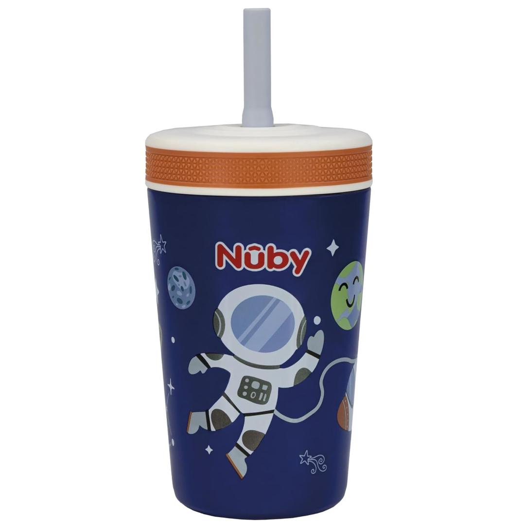 Nuby Thirsty Kids Insulated Toddler Cup with Silicone Flexstraw - 12 oz - Stainless Steel and Leak-Resistant - 18+ Months - Astronaut