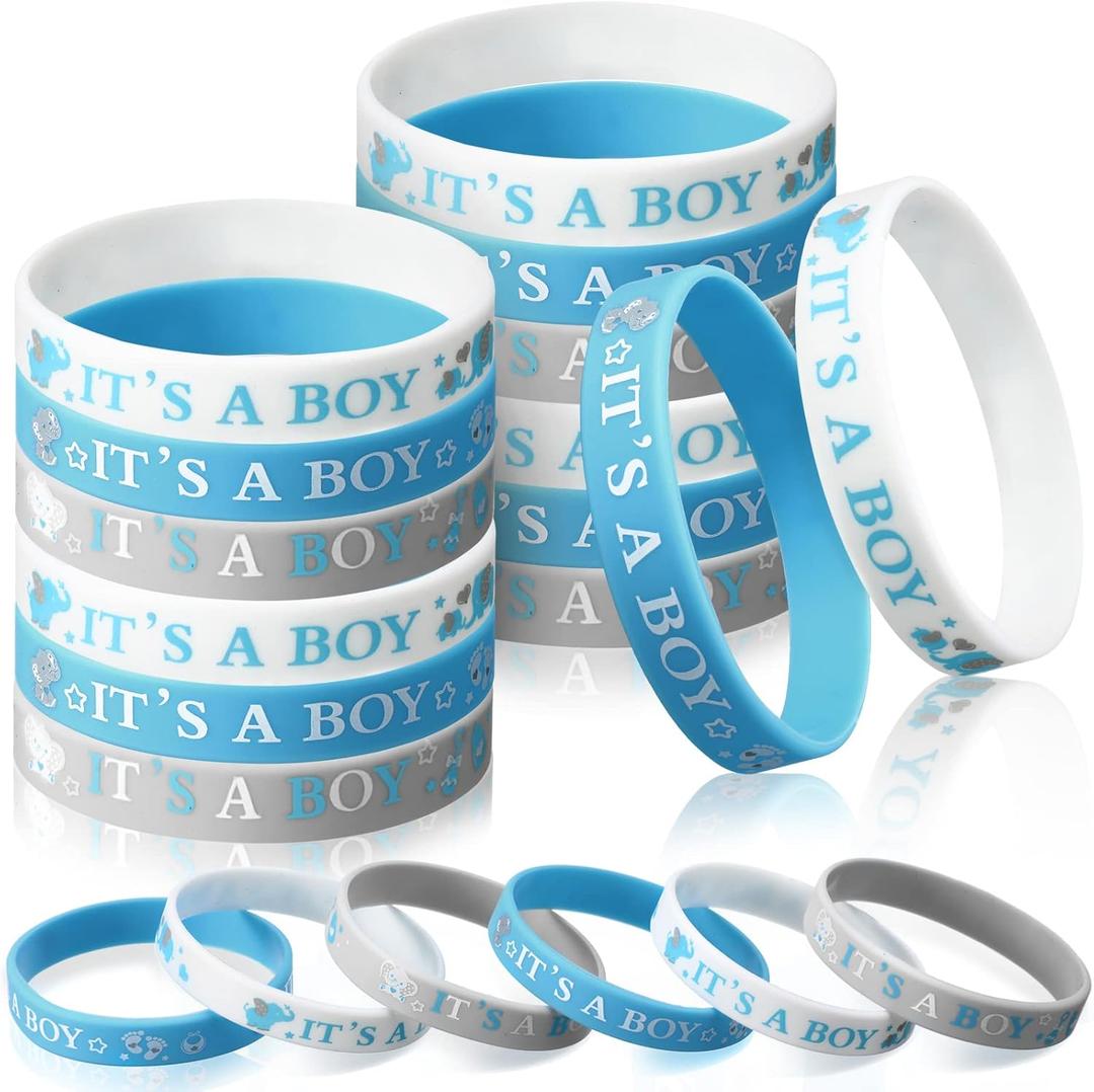 Zomiboo 36 Pieces Baby Shower Rubber Bracelets It's a Boy It's a Girl Wristbands Bear Elephant Baby Shower Decorations for Adult Party Favor Gender Reveal Party Supplies (Boy, White Blue)