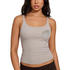 SUUKSESS Women Padded Cotton Ribbed Tank Tops Casual Summer Going Out Sleeveless Scoop Neck Basic Cami Tops (Beige, XS)
