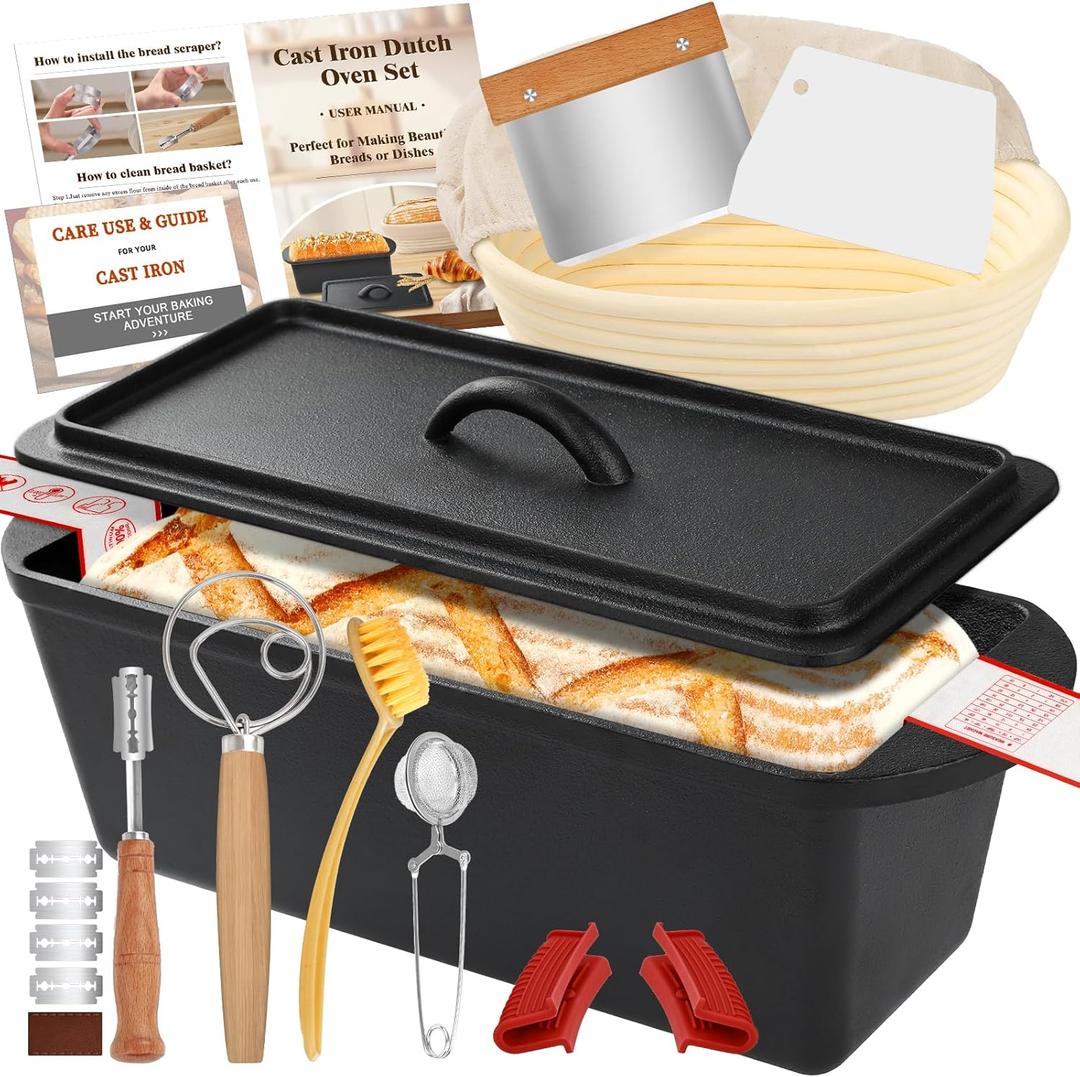 Rectangular Cast Iron Dutch Oven for Bread Baking, Cast Iron Sourdough Bread Pan with Lid Handles Lame, Even Heat Bread Baking Pan for Homemade Bread Cake Meatloaf, 3.2QT