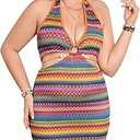 Women's Plus Size Halter Dress Boho Striped Ring Linked Tassel Hem Summer Western Mini Dresses, 2XL