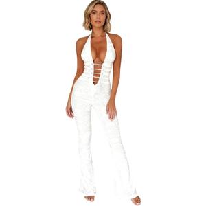 MXVPY Women Sheer Mesh Lace Jumpsuit Sexy Sleeveless See Through Hollow Out Bodycon Jumpsuits One Piece Club Party Romper (White, L)