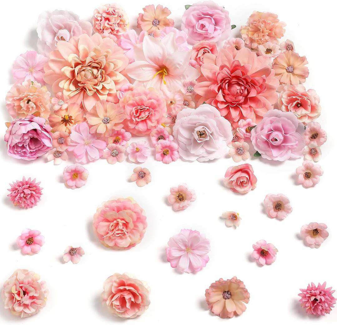 Fake Flower Heads Mini Artificial Flower Pink Faux Dahlia Rose Flowers for Crafts Cake Blossom Wreath Garland Bouquets for Wedding Bridal Party Baby Shower Graduation Season Home Decor