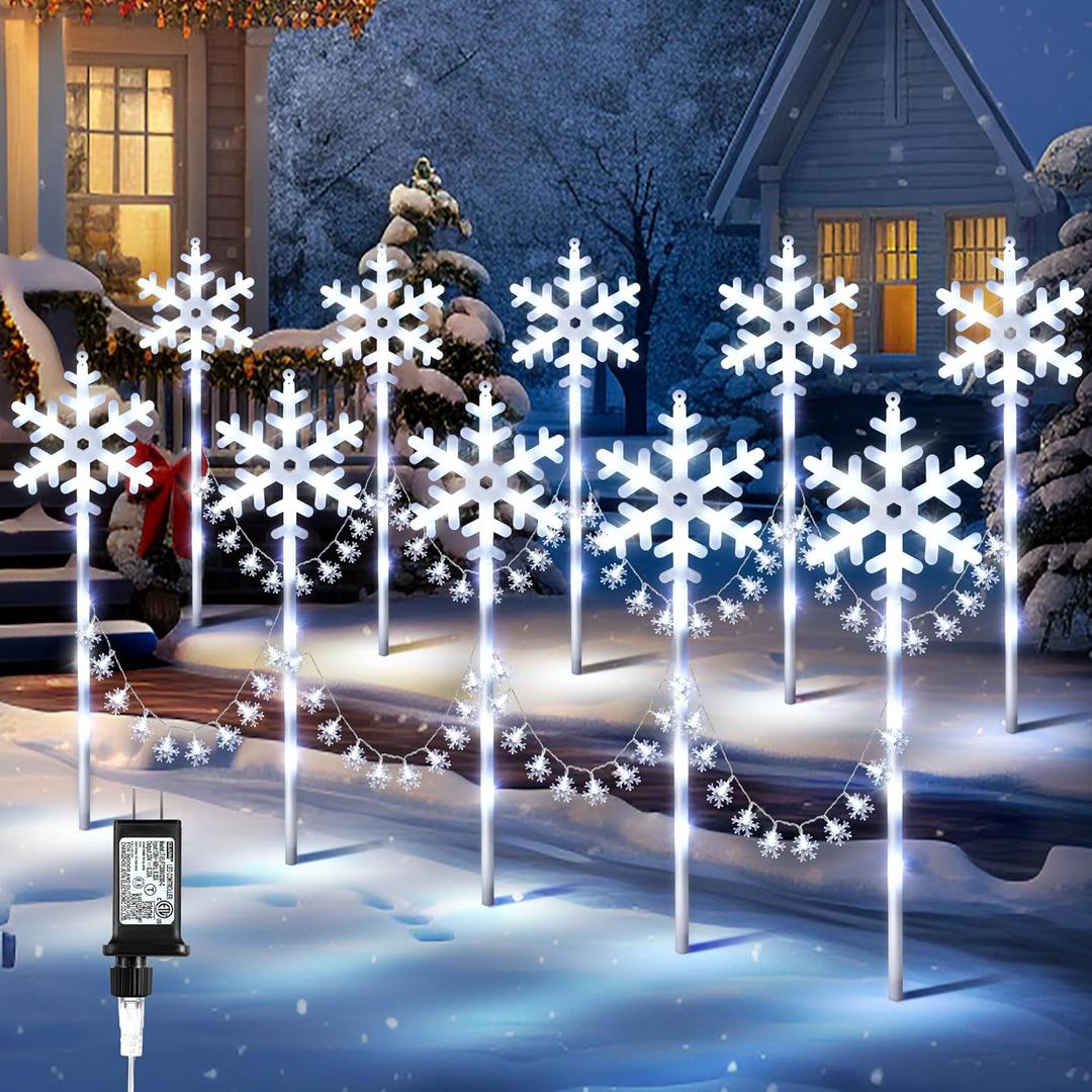 Enhon 10 Pack Snowflake Christmas Pathway Lights Outdoor, 8 Lighting Modes Waterproof Christmas Pathway Markers Lights with Timer for Xmas Walkway Patio Yard Lawn Outdoor Decorations(Cool White)