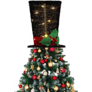 Christmas Tree Topper Hat with LED Light 8.5'' Black Tree Top Hat with Holly Decor for Xmas Holiday Christmas Santa Tree Topper Outdoor Decorations